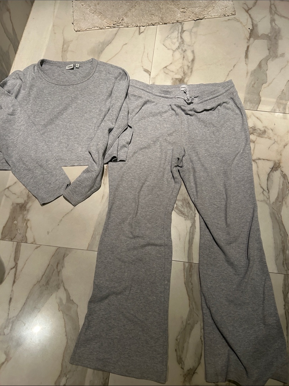 Aritzia Sunday Best Light Gray Wide-Leg Knit waffle Lounge Pants + matching top